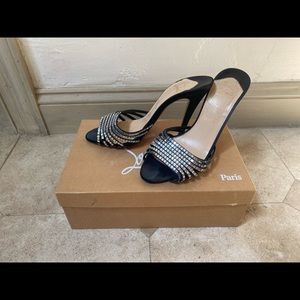 Christian Louboutin crepe satin black with crystal embellishment heels size 9